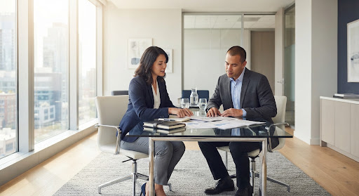 A modern, bright consultation room in a high-end office. Two professionals in smart attire are reviewing documents on a sleek glass table. Sunlight streams through large windows, creating a premium, airy atmosphere. The color palette is composed of soft whites, light greys, and subtle navy accents, conveying professionalism and trust.