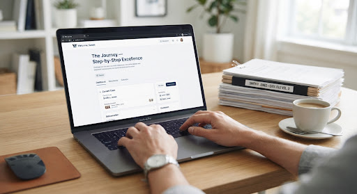 Close up of hands typing on a high-end silver laptop next to neatly stacked legal documents and a minimalist ceramic coffee cup. The setting is a bright, organized desk in an editorial style. The lighting is soft and natural, emphasizing precision and detailed analysis. Colors are muted greys, crisp whites, and deep blacks.